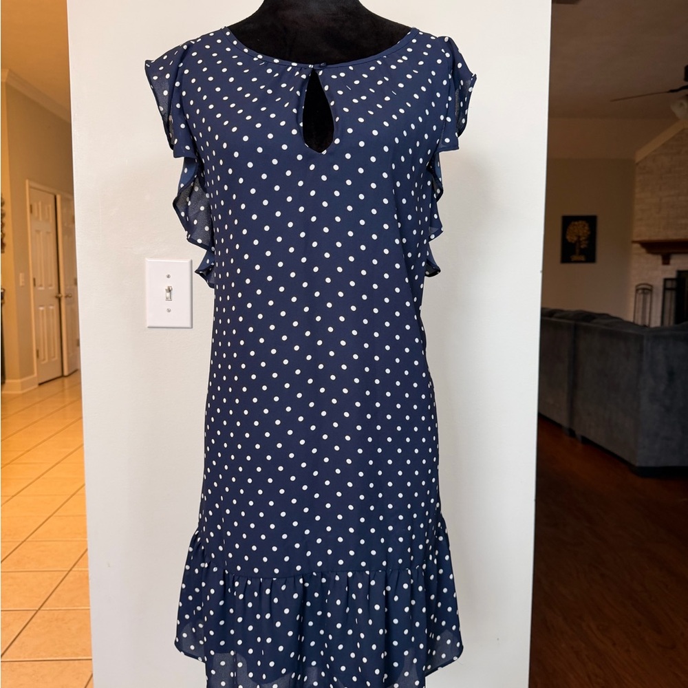 J.Crew Navy Polka Dot Ruffle Flutter Sleeve Dress L